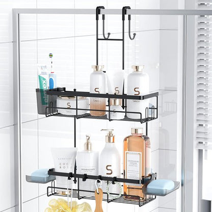 Aitatty Over The Door Shower Caddy - Rustproof Hanging Organizer Rack in Black | No Drilling Required