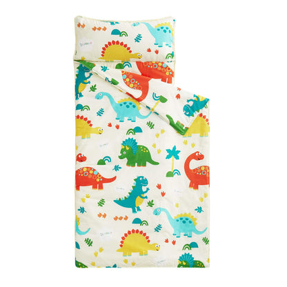 Wake In Cloud - Toddler Nap Mat with Pillow and Blanket, 100% Cotton Fabric, for Kids Boys Girls in Daycare Kindergarten Preschool, Roll Up Sleeping Bag, Dinosaur Cream, Extra Long