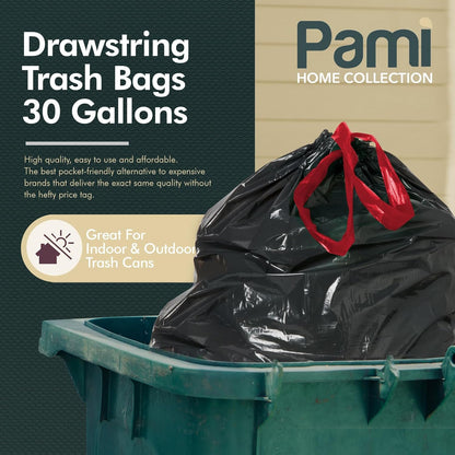 PAMI 30-Gallon Drawstring Trash Bags - Extra-Strong, Thick, Unscented Garbage Liners | 8-Pack, Black