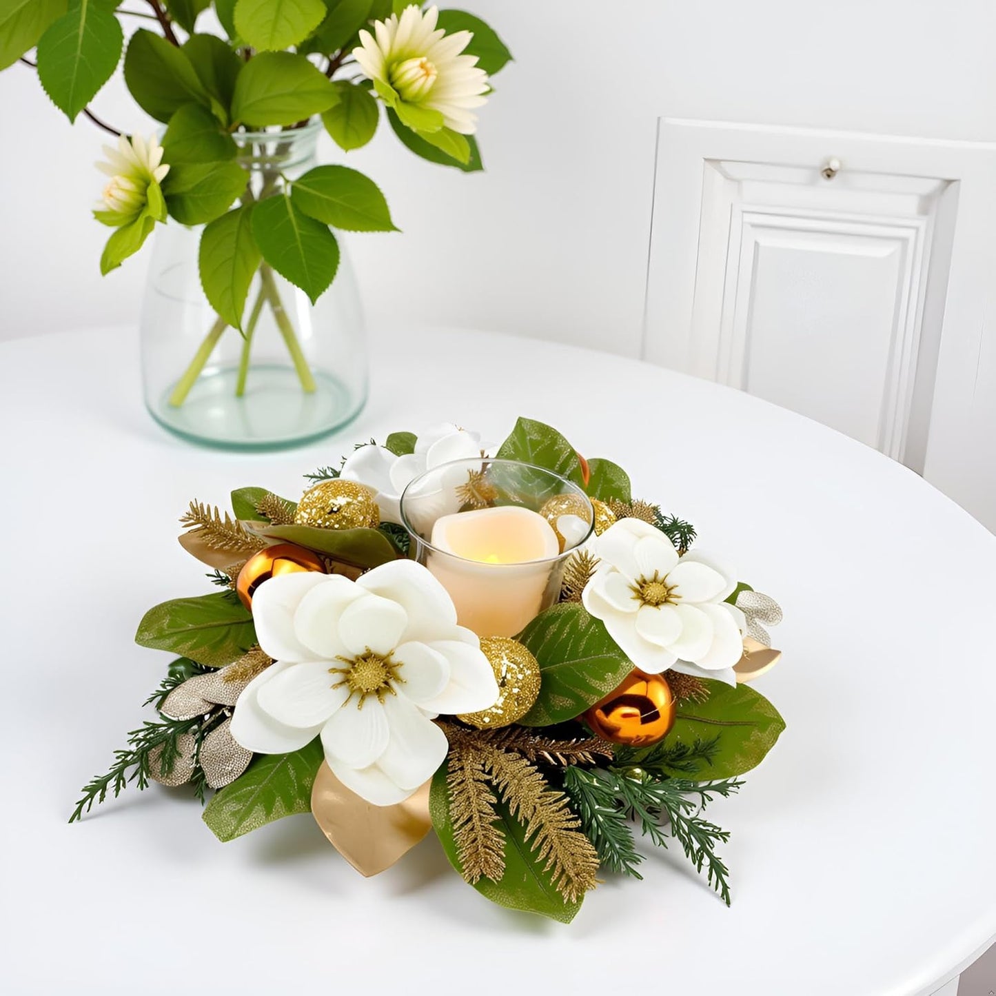 Skiennix 18" Centerpiece - Flameless LED Candle Holder with White Magnolia, Gold Baubles & Spruce Branches for Holiday Decor