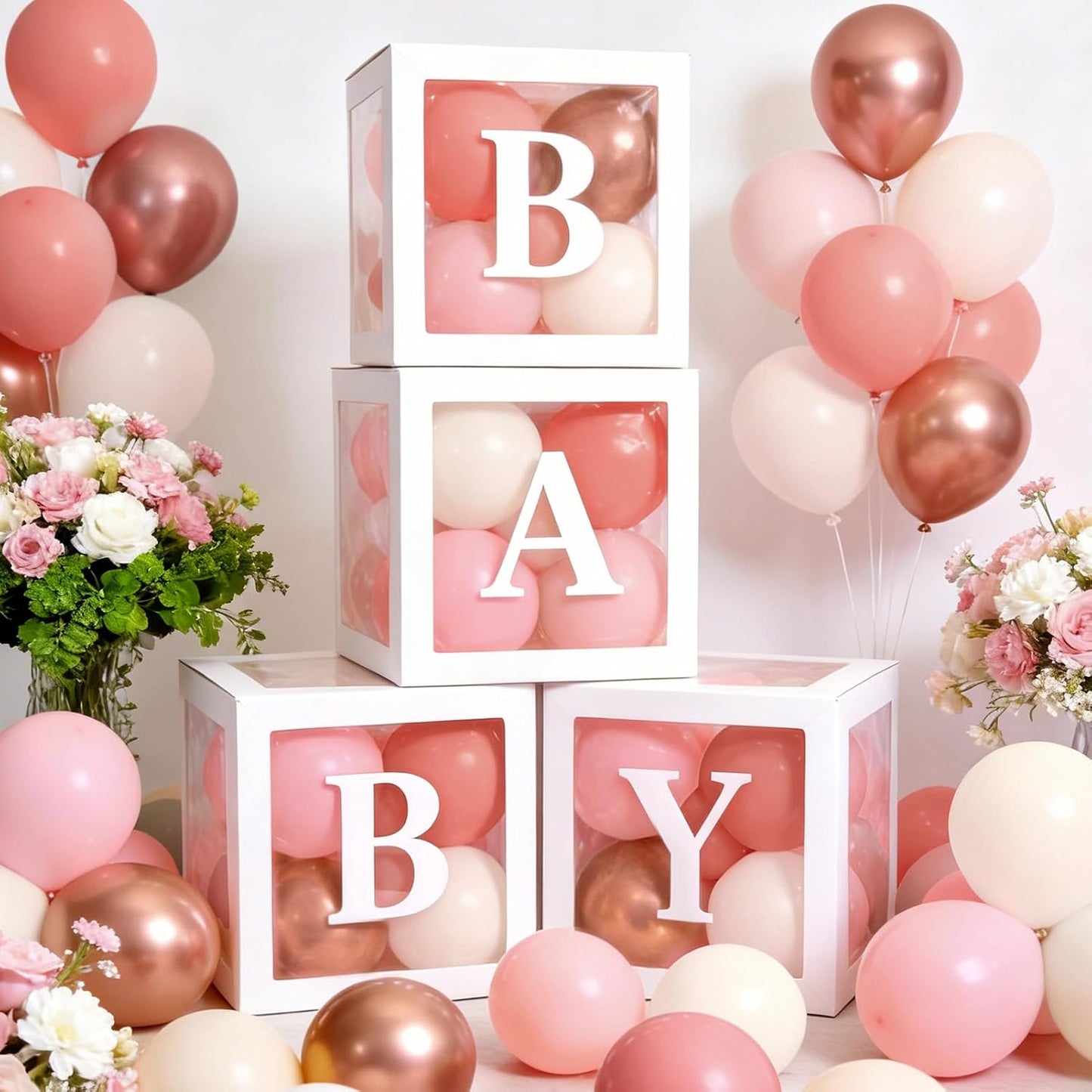 Winrayk Rose Gold Balloons | Floral Baby Shower Decorations Kit for Girls - Pink Balloon Arch & Letter Boxes