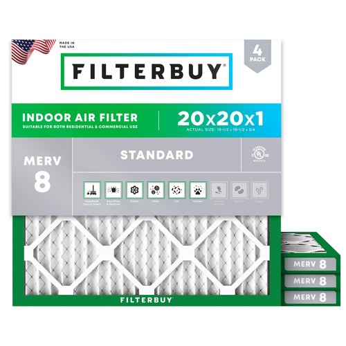 Filterbuy 20x20x1 Air Filter MERV 8 Essential Dust & Allergy Defense (4-Pack), Electrostatic Pleated HVAC AC Furnace Filters Replacement (Actual Size: 19.50 x 19.50 x 0.75)