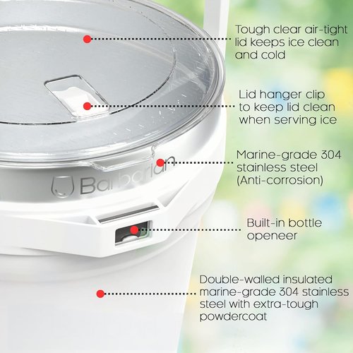 Barbarian Beverage Bucket, Double-Wall Vacuum Insulated Ice Bucket with Lid, Extra Large 7 Litre Capacity with Ice Scoop and Built-In Bottle Opener, White