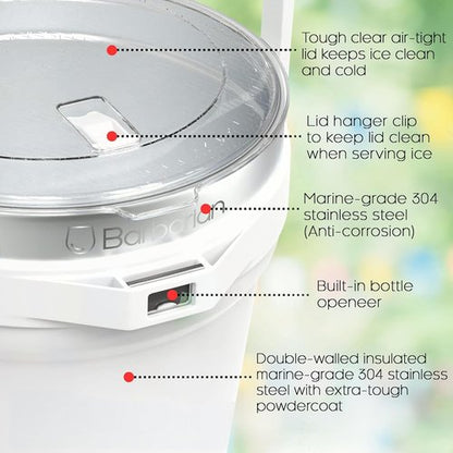 Barbarian Beverage Bucket, Double-Wall Vacuum Insulated Ice Bucket with Lid, Extra Large 7 Litre Capacity with Ice Scoop and Built-In Bottle Opener, White