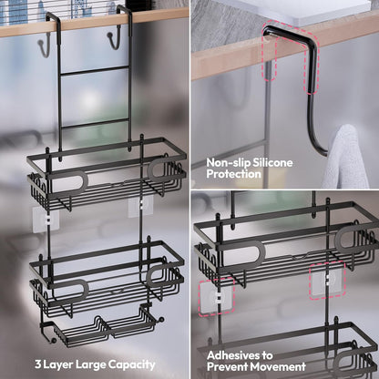 SWTYMIKI Over The Door Shower Caddy - Hanging Organizer with Double Soap Holder & 16 Hooks | Black