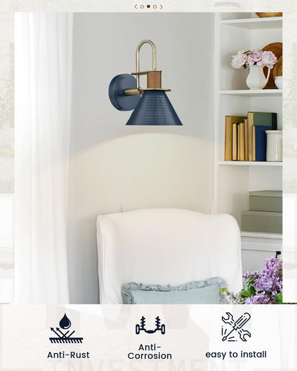 Industrial Wall Sconces Set of Two, HWH Indoor Wall Sconce 1-Light Barn Vanity Light, Gooseneck Wall Lamp for Bathroom Bedroom Bedside Kitchen, Hammered Metal Shade, Navy Blue Finish, 5HZG74B-2 BL+BG