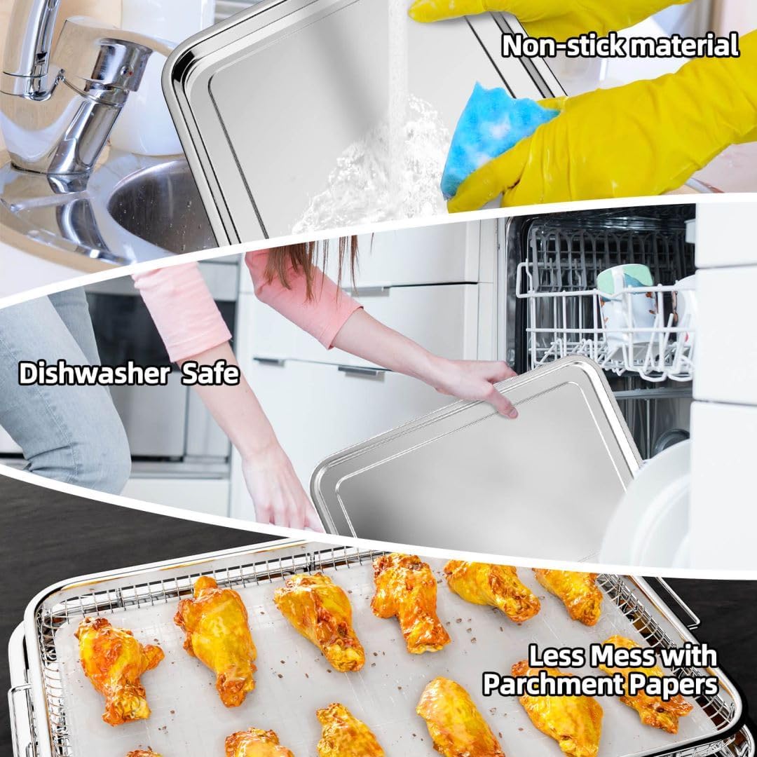 Air Fryer Basket - Extra Large 18.8" x 12.8" Stainless Steel Oven Tray Set with 30 Parchment Papers | Silver