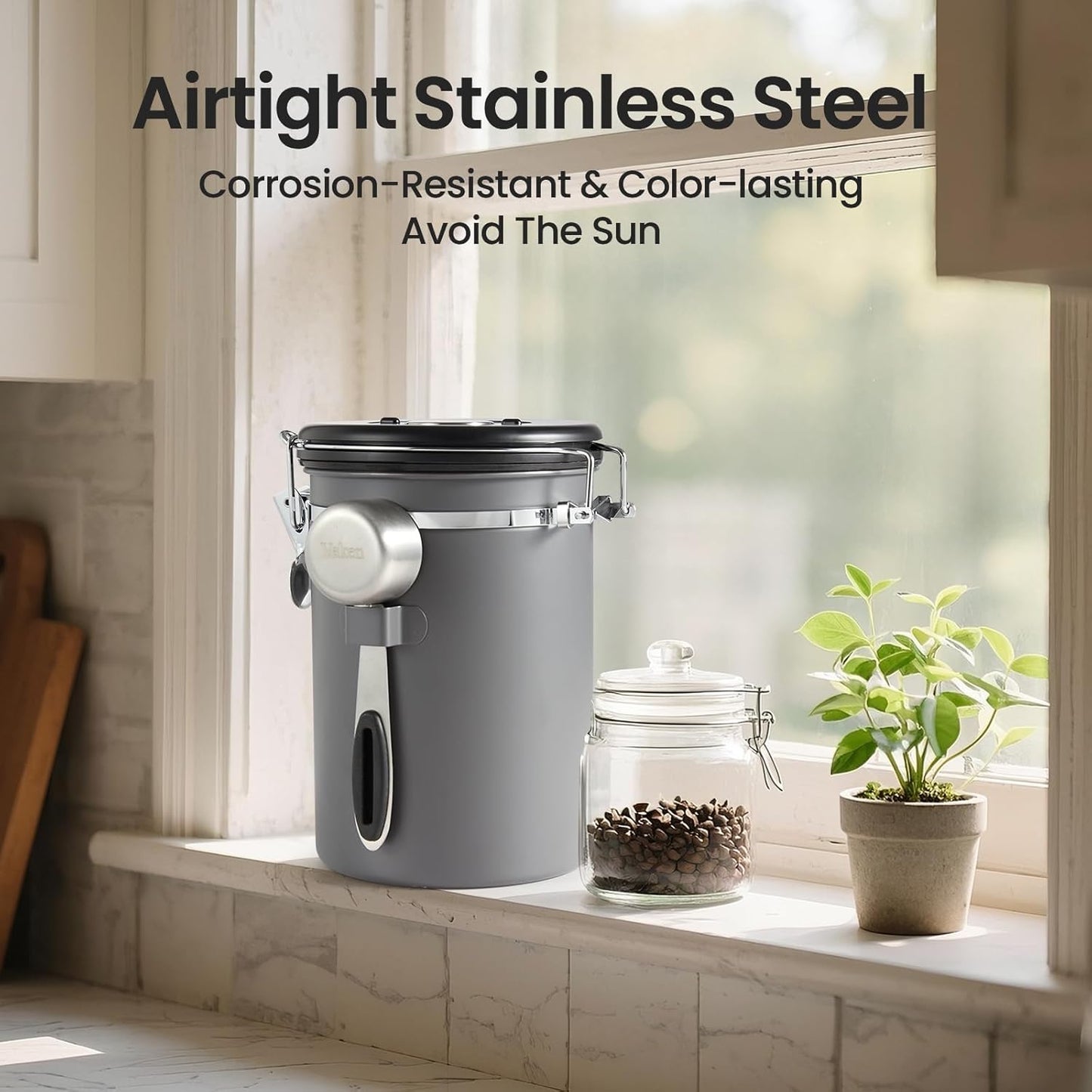 Veken Coffee Canister - Airtight Stainless Steel Storage Container with Date Tracker & Scoop | 22oz Gray