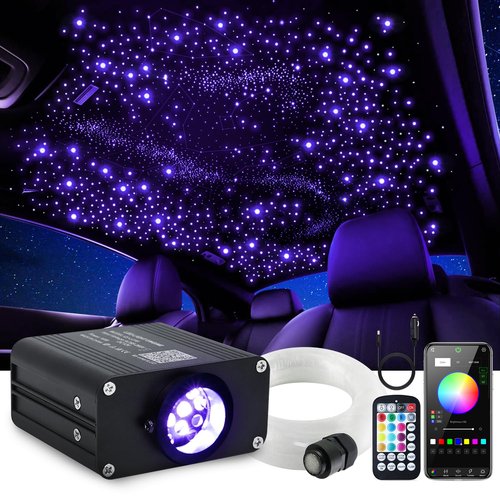 Starlight Headliner Kit, Twinkle & Sound Activate RGBW 16W Fiber Optic Lights with Bluetooth APP & Remote Control, 300 pcs*0.03in*9.8ft, Star Lights for Home/Car Decor