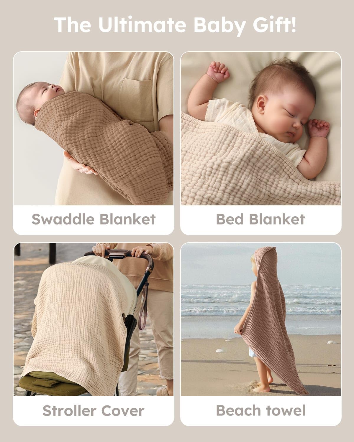Yoofoss Hooded Baby Towels - 100% Muslin Organic Cotton Bath Towels for Newborns | 32x32 Inch, Soft & Absorbent, Beige & Coffee (2 Pack)