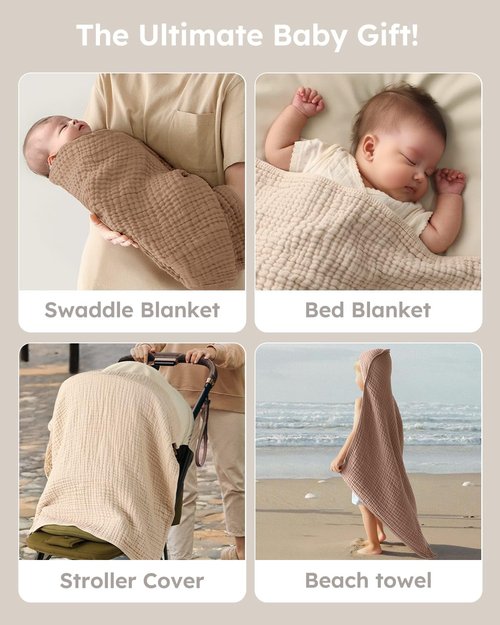 Yoofoss Hooded Baby Towels for Newborn 2 Pack 100% Muslin Organic Cotton Baby Bath Towel with Hood for Babies, Infant, Toddler and Kids, 32x32Inch, Soft and Absorbent Newborn Essential, Beige&Coffee