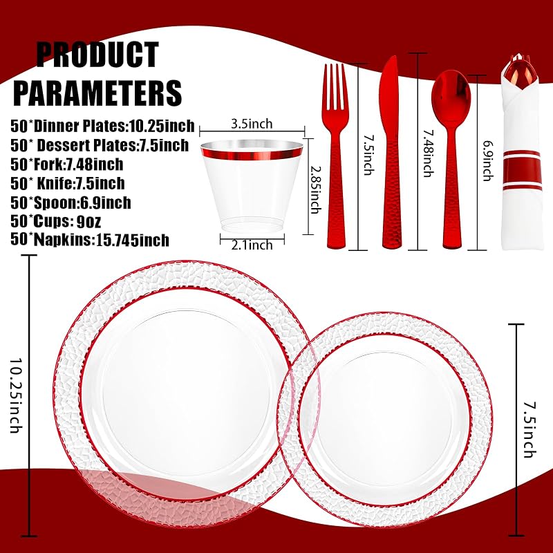 350 Piece Red Plastic Plates for Weddings & Holidays - Clear & Red+350 Variation