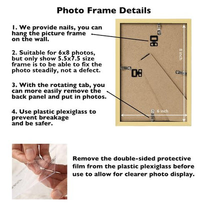 JCJMY 6x8 Picture Frame Gold for Wall Hanging or Tabletop, Wall Mounting Horizontally or Vertically, 6 x 8 Wall Gallery Poster Photo Frame with Shatter Resistant Plexiglass, Gold