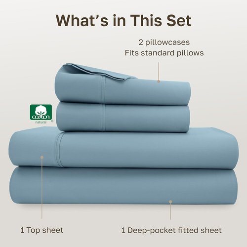 California Design Den Full Size Bed Sheet Set - 100% Cotton, 400 Thread Count, Silky Smooth Sateen - Sky Blue