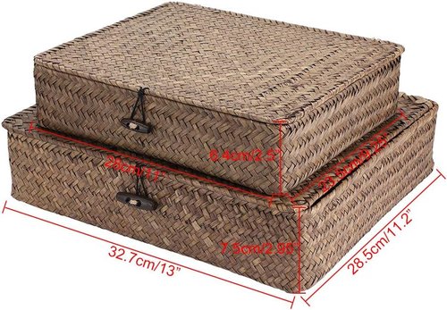 Hipiwe Wicker Storage Bins - Set of 2 Natural Seagrass Baskets with Lids for Home Organization | Coffee Color