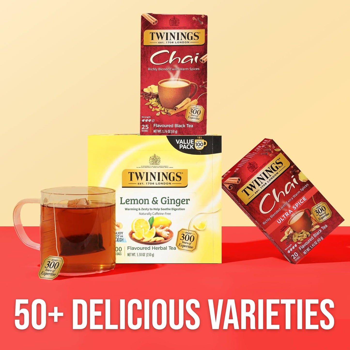 Twinings Chai Black Tea - Individually Wrapped Bags, 25 Count (Pack of 6) | Sweet & Savory Spices, Caffeinated