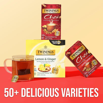 Twinings Chai Black Tea - Individually Wrapped Bags, 25 Count (Pack of 6) | Sweet & Savory Spices, Caffeinated