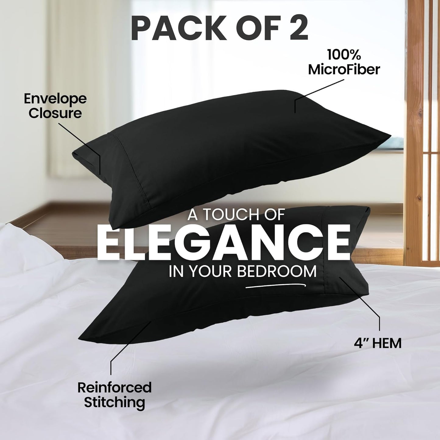 Utopia Bedding King Pillow Cases | Soft Brushed Microfiber - 2 Pack, Fade Resistant, 20 x 40 Inches - Black