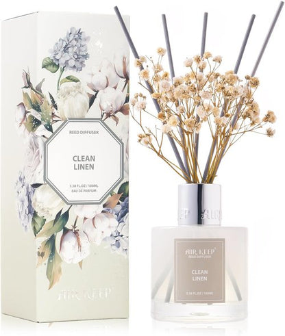 Airkeep Reed Diffuser Set - Clean Linen Home Fragrance with 8 Reed Sticks | 3.38 fl oz (100 ml)