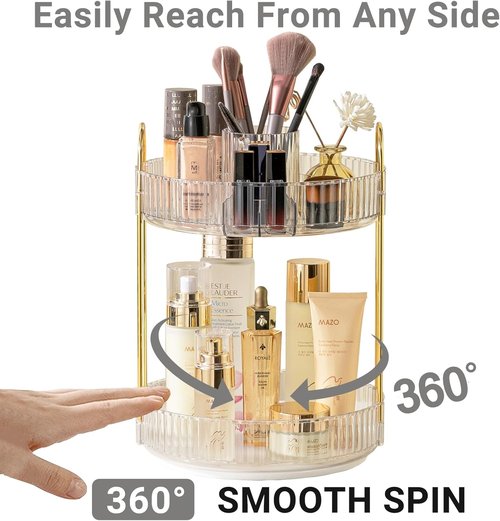 Asayuee 360 Rotating Makeup Organizer - 2 Tier Large Capacity for Skincare & Perfume | Clear Countertop Storage