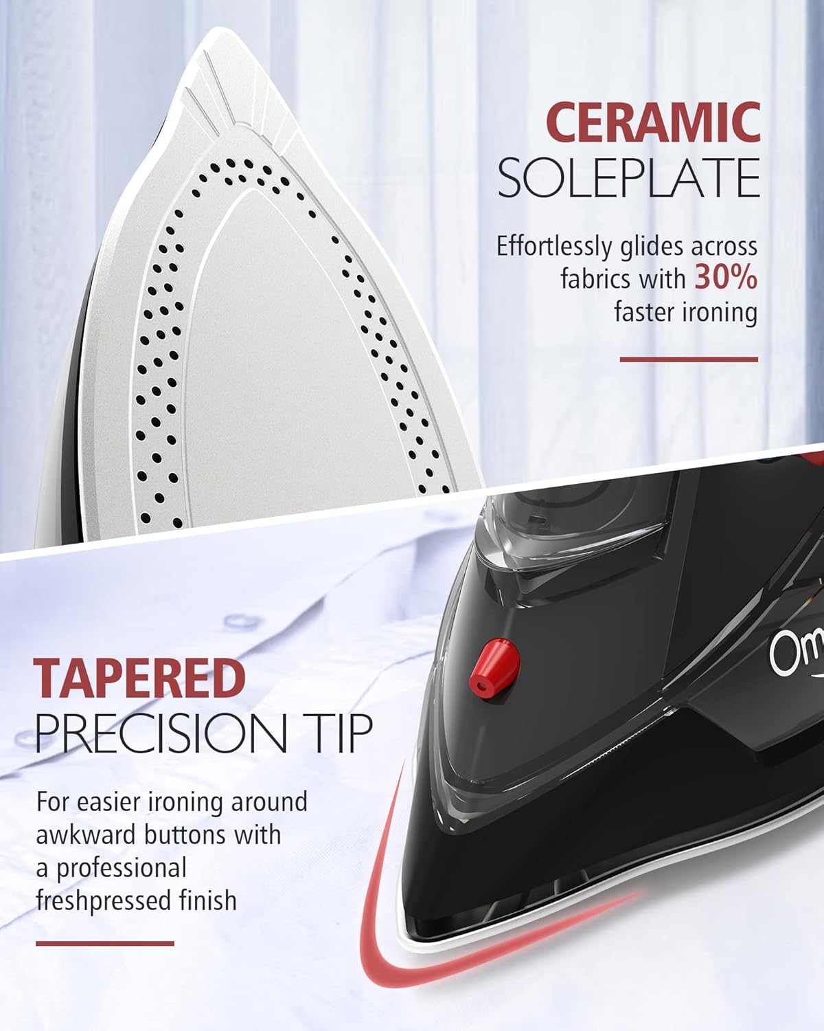 OMAIGA Cordless Steam Iron - 1500W Non-Stick Ceramic Soleplate, Auto Shut Off, 3 Temp Settings, Black