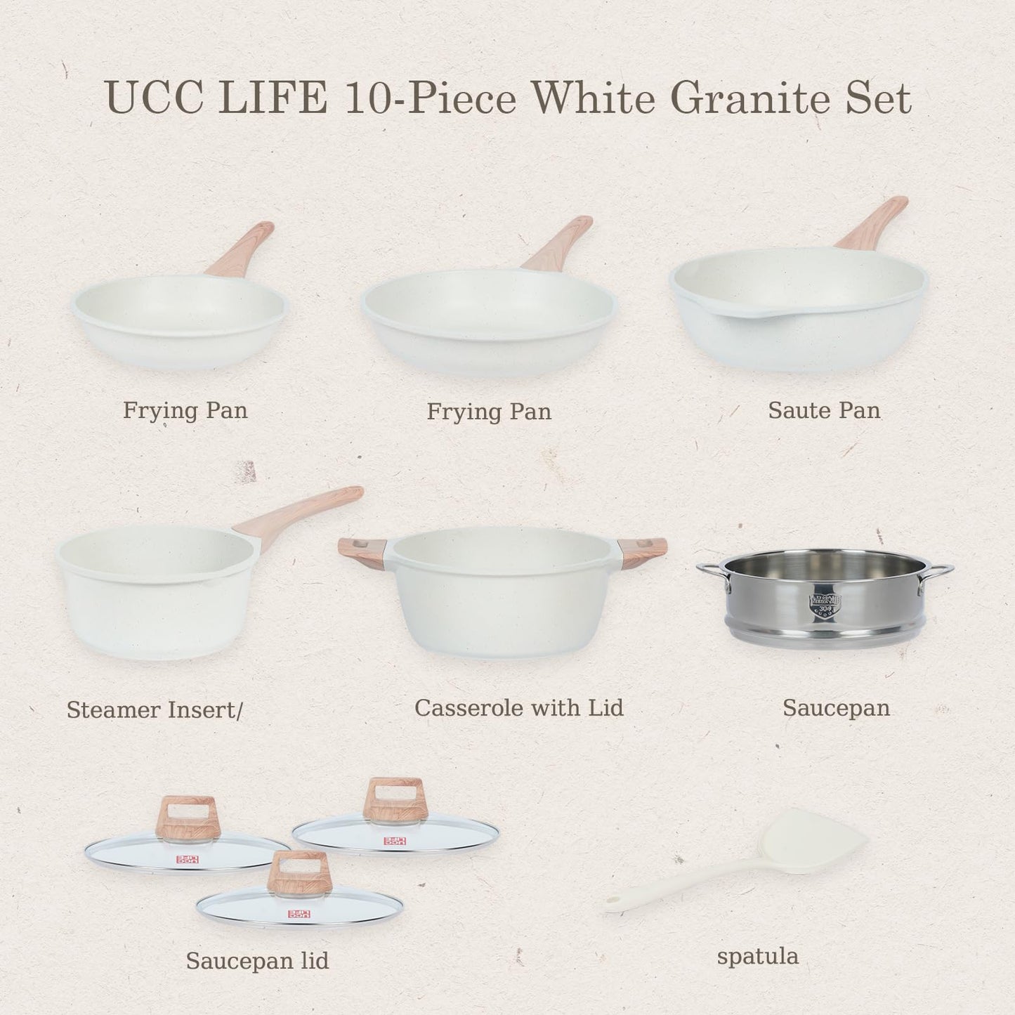 Ucclife 10pcs Pots and Pans Set Nonstick, Granite Frying Pans Induction Kitchen Cookware Sets, with Wood Print Handles Frying Pans, Saucepans, Steamer Shovel Spoon, Beige