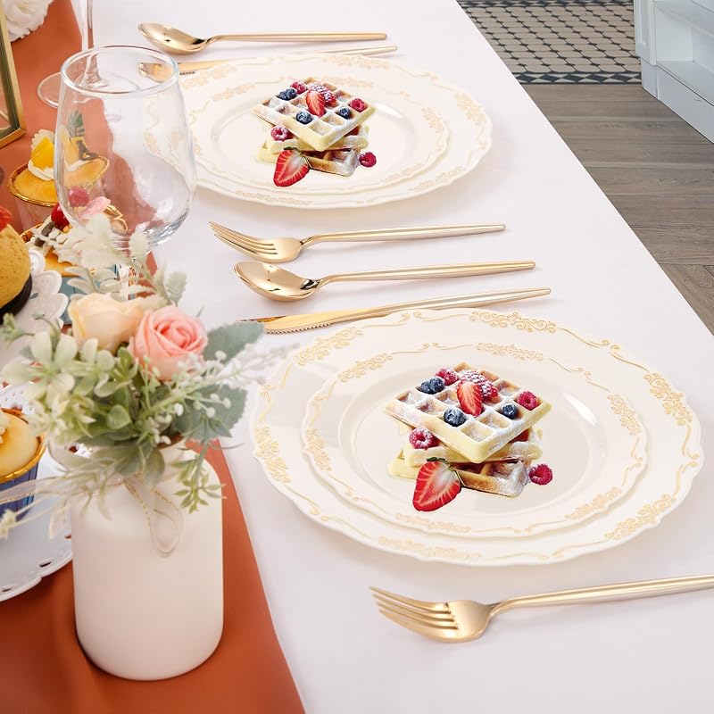 Ivory Plates with Gold Rim - 100 PCS Disposable Dinner & Dessert Plates - BPA Free - Ivory Gold (Variation: Ivory Gold)