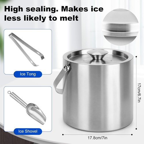 Ice Bucket, 3L Double Wall Insulated Ice Bucket with Lid,Scoop,Tongs- Inner Layer 304 Stainless Steel Ice Container Keep Ice Frozen Longer- Ideal for Cocktail Bar,Parties,Chilling Beer Win
