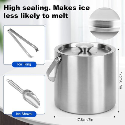 Ice Bucket, 3L Double Wall Insulated Ice Bucket with Lid,Scoop,Tongs- Inner Layer 304 Stainless Steel Ice Container Keep Ice Frozen Longer- Ideal for Cocktail Bar,Parties,Chilling Beer Win