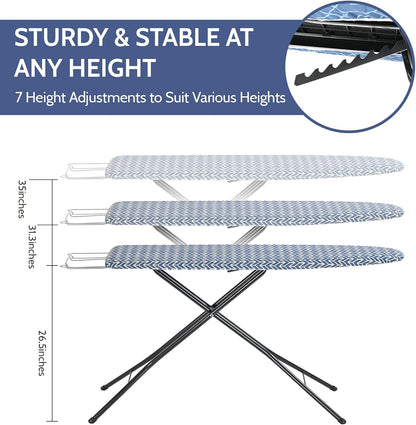 APEXCHASER Full-Size Ironing Board - Adjustable Height, Lightweight & Foldable with Thick Padding | Blue 43x13