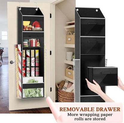 Black Over Door Wrapping Paper Organizer by [Brand Name] - 3 Removable Drawers & Side Pockets for Easy Storage | Perfect for Christmas Gift Wrap