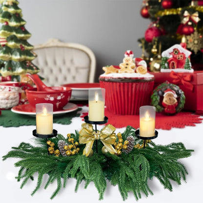 Skiennix Christmas Centerpiece - Elegant Candle Holders with Golden Glitter Bow & Pine Cones | 27.6" Table Decor