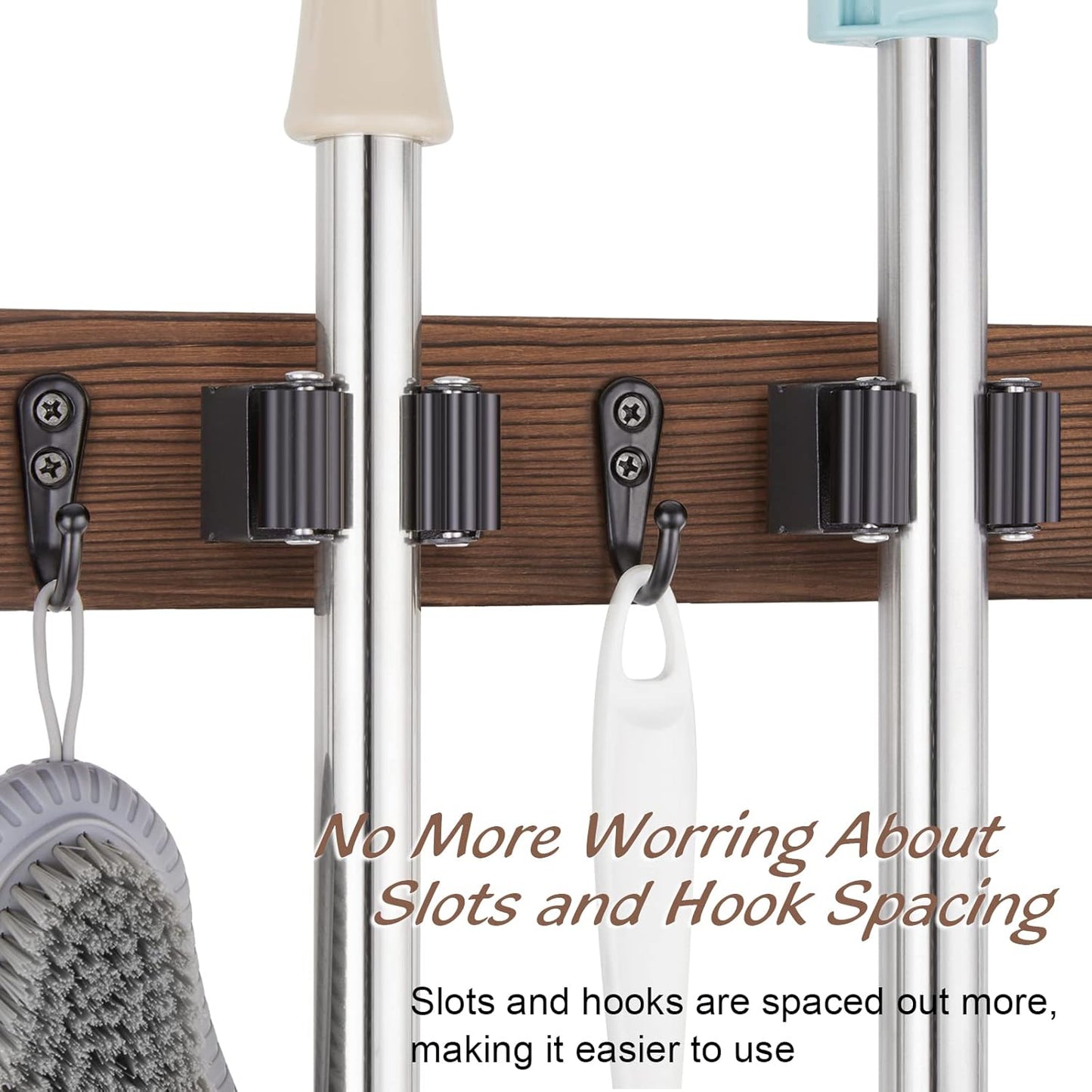 OUTNILI Mop Broom Holder Wall Mount - 3 Slots & 4 Hooks for Kitchen Organization | Rustic Farmhouse Decor