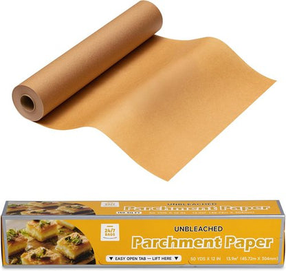 24/7 Bags Parchment Paper Roll - 150 Sq Ft Non-Stick Unbleached Food Safe with Serrated Cutter
