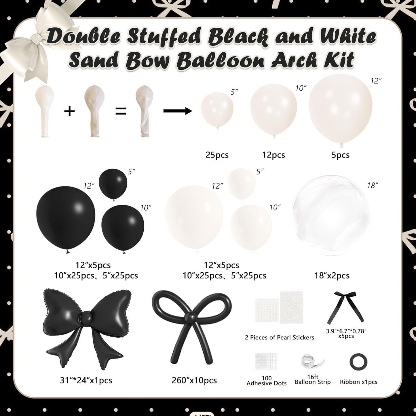 Skiennix Black Bow Birthday Decorations - 187-Piece Black and White Balloon Arch Kit with Pearl Balloons & Ribbons
