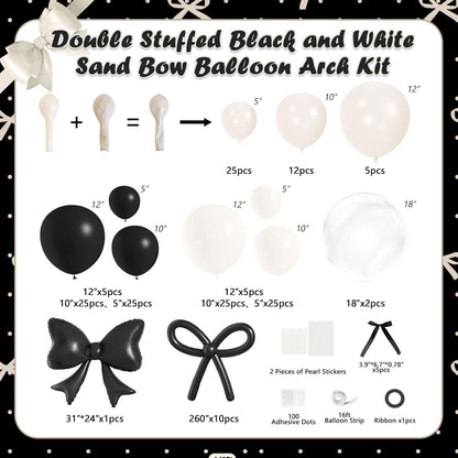 Skiennix Black Bow Birthday Decorations - 187-Piece Black and White Balloon Arch Kit with Pearl Balloons & Ribbons