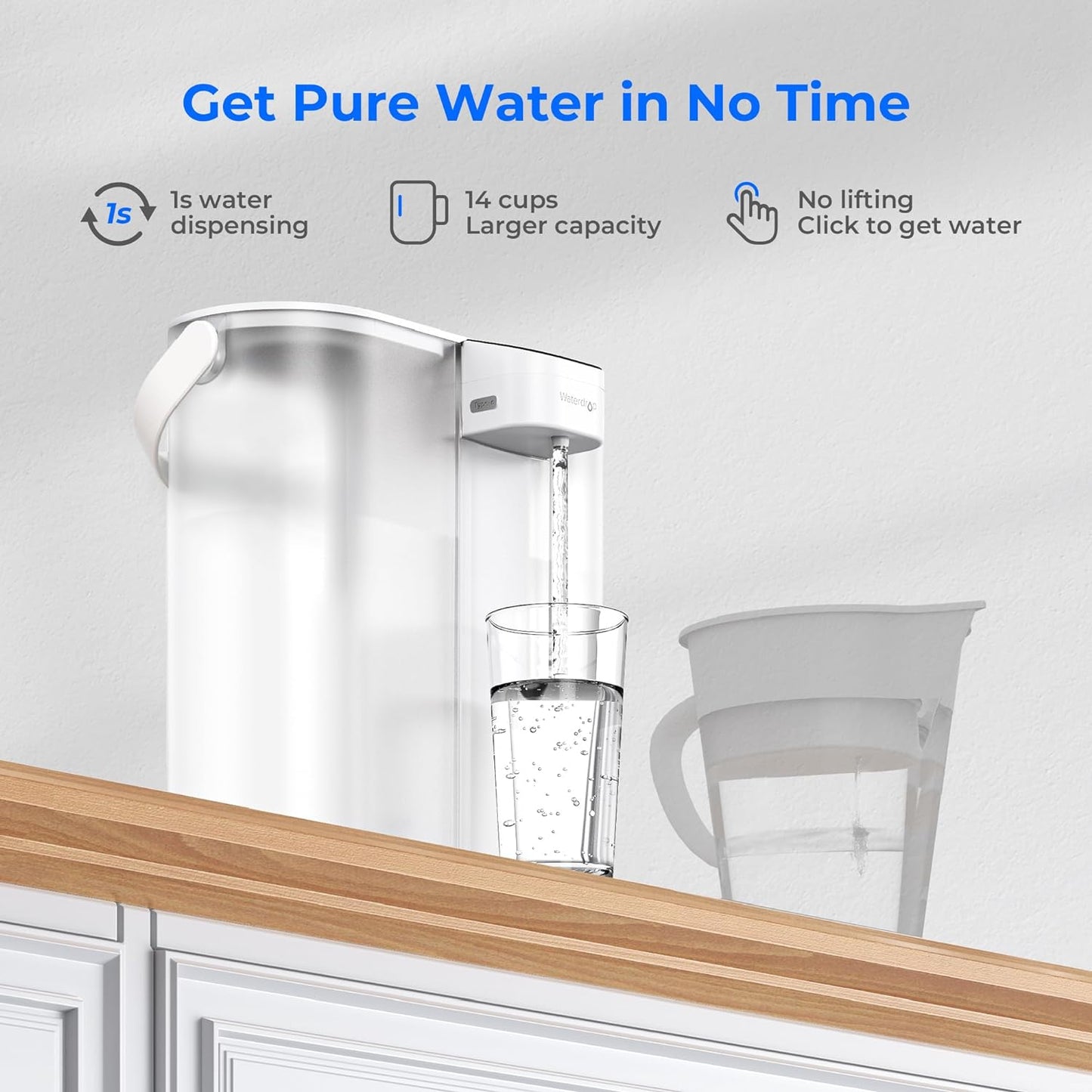 Waterdrop Compact Electric Water Filter Pitcher - 200-Gallon Rechargeable Dispenser | NSF Certified, 14-Cup, White