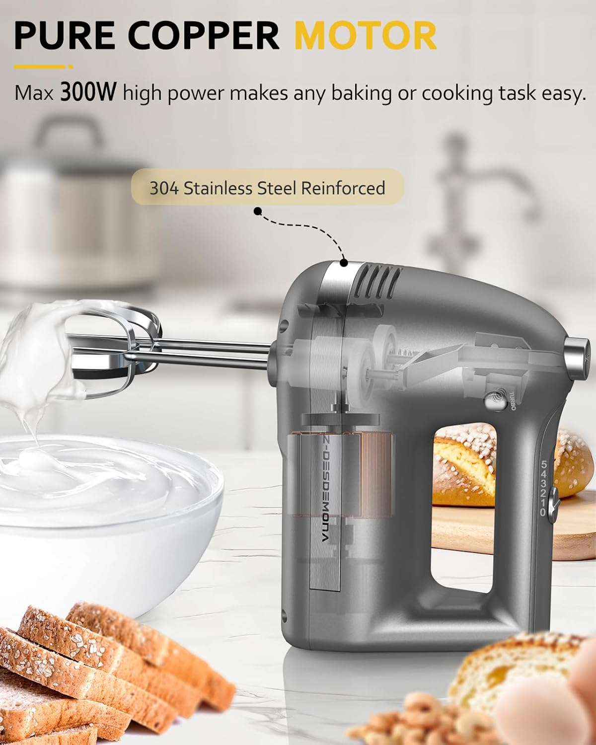 Skiennix Electric Hand Mixer - Powerful Handheld Mixer with 304 Beaters & Dough Hook | Turbo Function, Grey