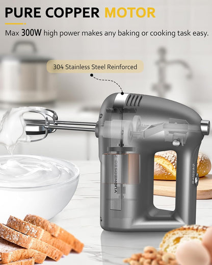 Skiennix Electric Hand Mixer - Powerful Handheld Mixer with 304 Beaters & Dough Hook | Turbo Function, Grey