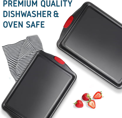 Skiennix Baking Sheet Set - 2-Piece Nonstick Cookie Sheets with Silicone Handles | Durable Steel, BPA Free, Black