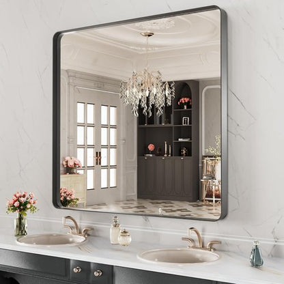 LOAAO Black Metal Framed Bathroom Mirror - 28x32 Inch Matte Black Vanity Mirror, Anti-Rust, Versatile Hanging Options
