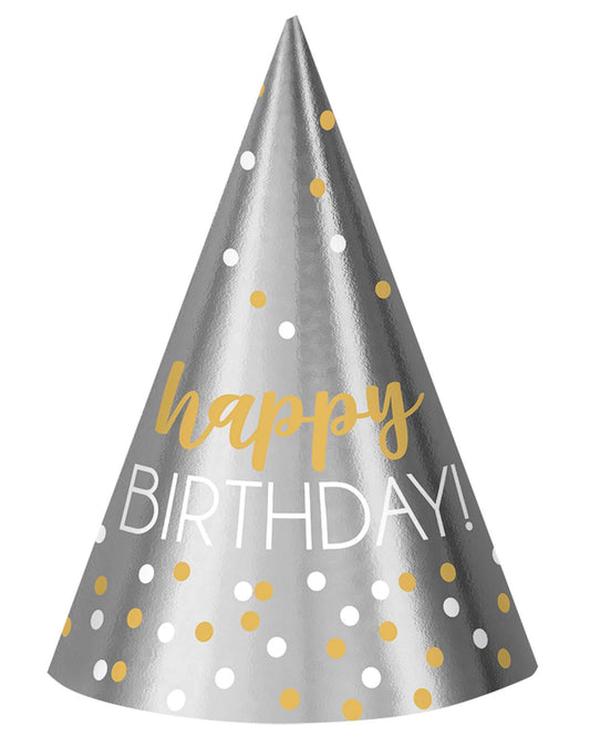 Sparkling Silver & Gold Foil Cone Hats - 7" (Pack of 12) - Deluxe Birthday Party Accessory - Unique Printed Design for Kids & Adults - Perfect for Birthday