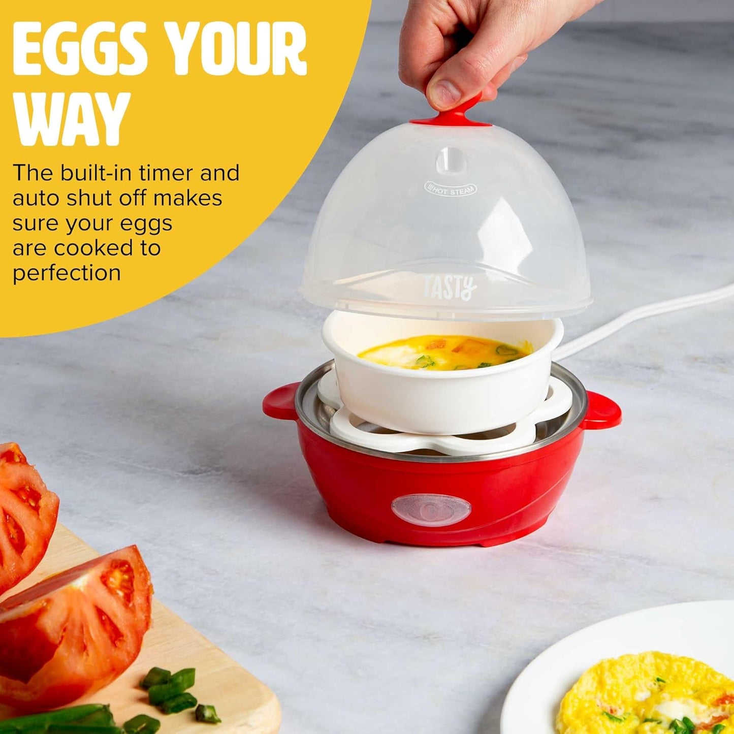 Tasty Mini Egg Cooker - 5-Egg Capacity for Perfect Hard Boiled Eggs & Omelets | Auto Shut Off, Red