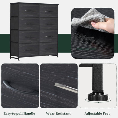 Regine Switzerland 8-Drawer Dresser - Anti-Tip Tall Storage Organizer with Wooden Top & Metal Frame | Charcoal Black