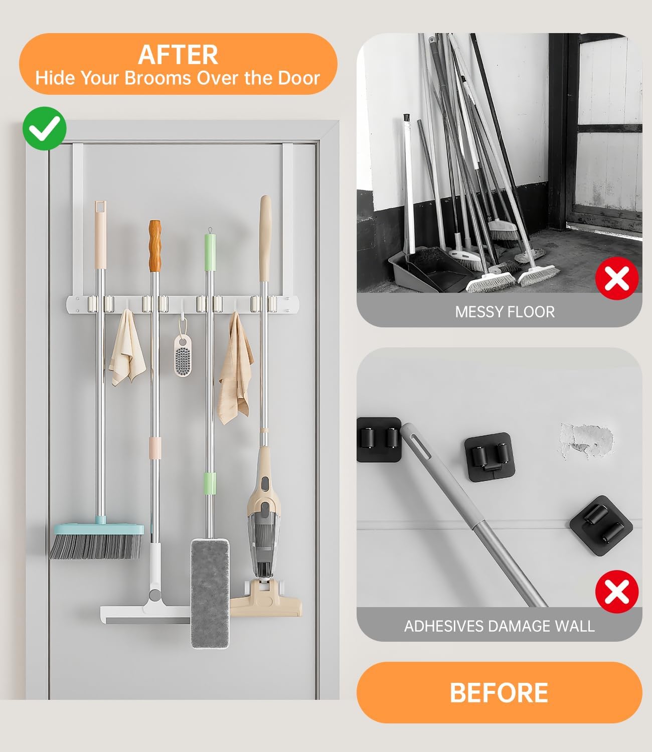 Skiennix Broom Holder - Wall-Mounted 304 Stainless Steel Organizer with Hooks | Over The Door, White
