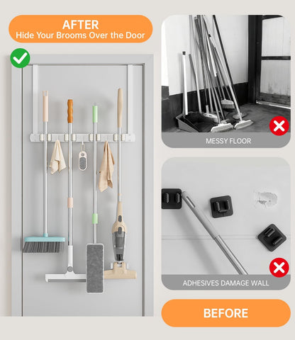 Skiennix Broom Holder - Wall-Mounted 304 Stainless Steel Organizer with Hooks | Over The Door, White