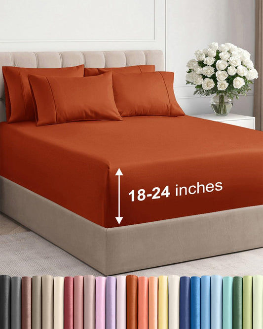 Skiennix Extra Deep King Sheet Set - 6 Piece Breathable Cooling Bedding - Soft Wrinkle-Free Terracotta