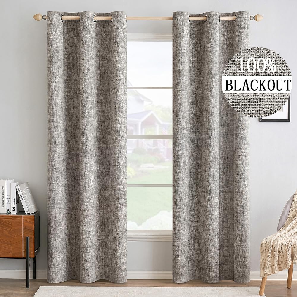 MIULEE Blackout Linen Textured Curtains - Thermal Insulated Room Darkening Drapes | Warm Taupe, 42 x 90 Inch (2 Panels)