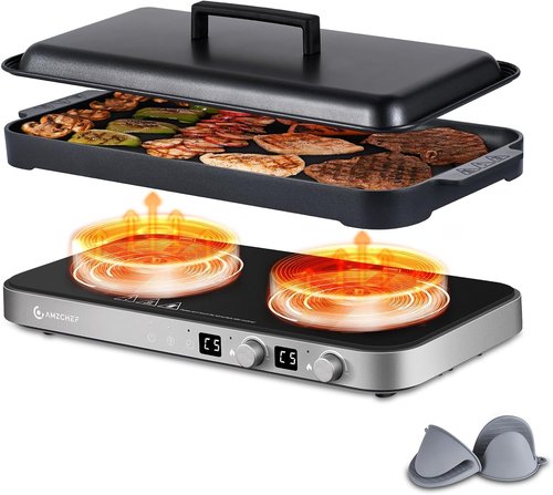 AMZCHEF Double Induction Cooktop - 1800W Portable Stove with Removable Griddle Pan | Iron Grey, 9 Power Levels
