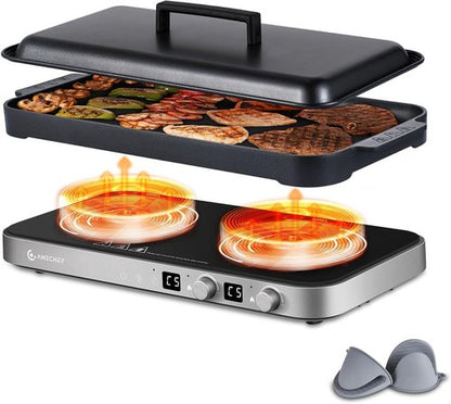 AMZCHEF Double Induction Cooktop - 1800W Portable Stove with Removable Griddle Pan | Iron Grey, 9 Power Levels